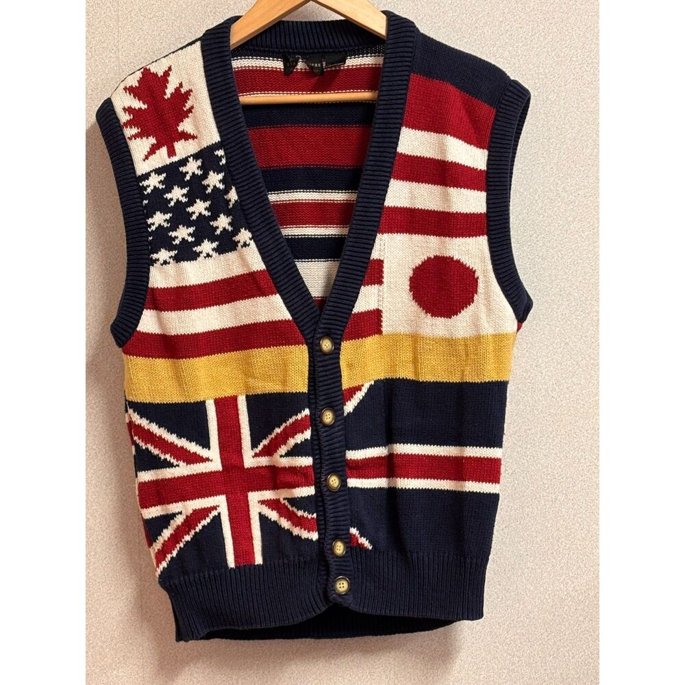 Vintage 90s Structure All-Over Flag Knit Sweater Vest Rare Retro Grandpa READ